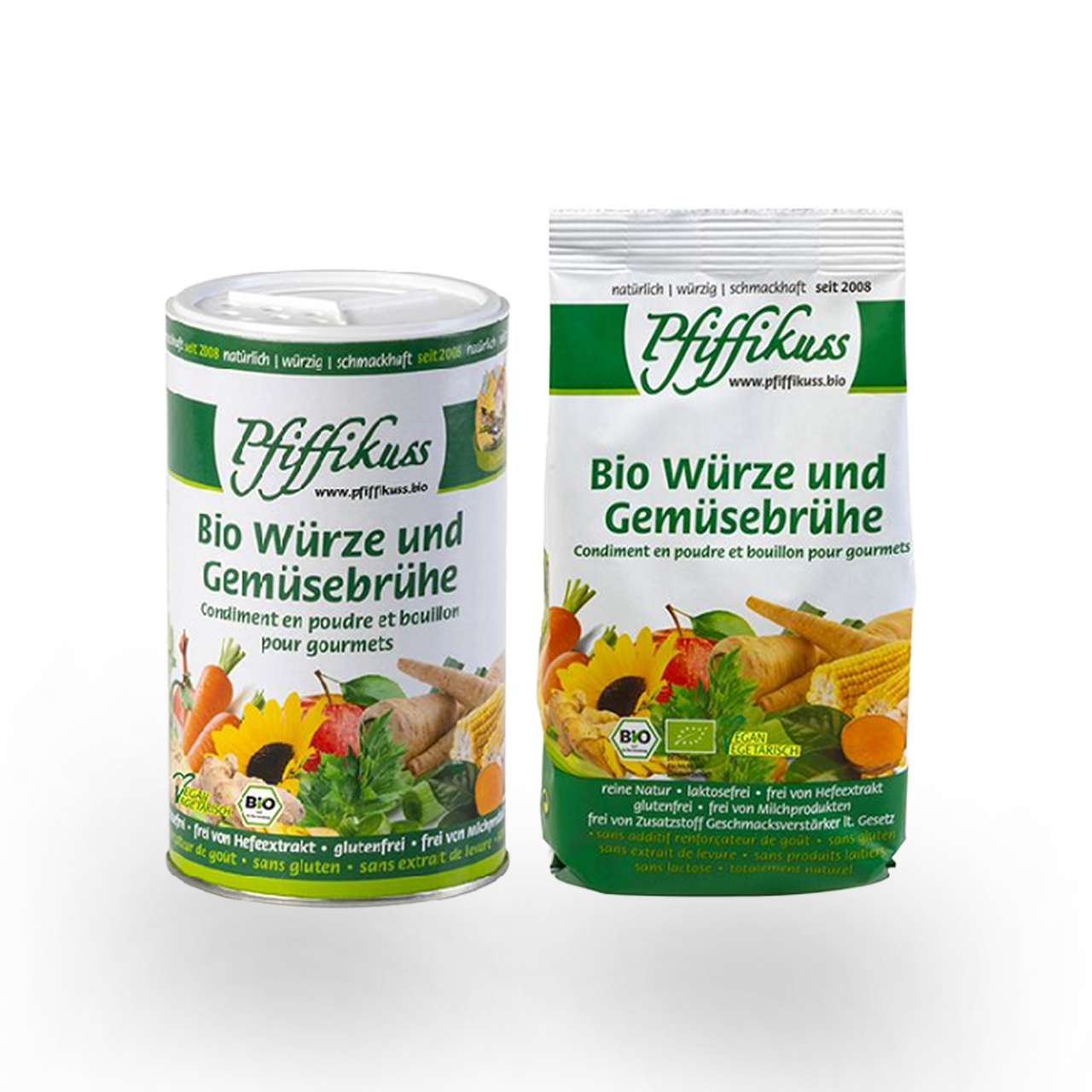 KOMBI Pfiffikuss BIO Würze und Gemüsebrühe,  Streudose 250g + der günstige Nachfüller 450 g