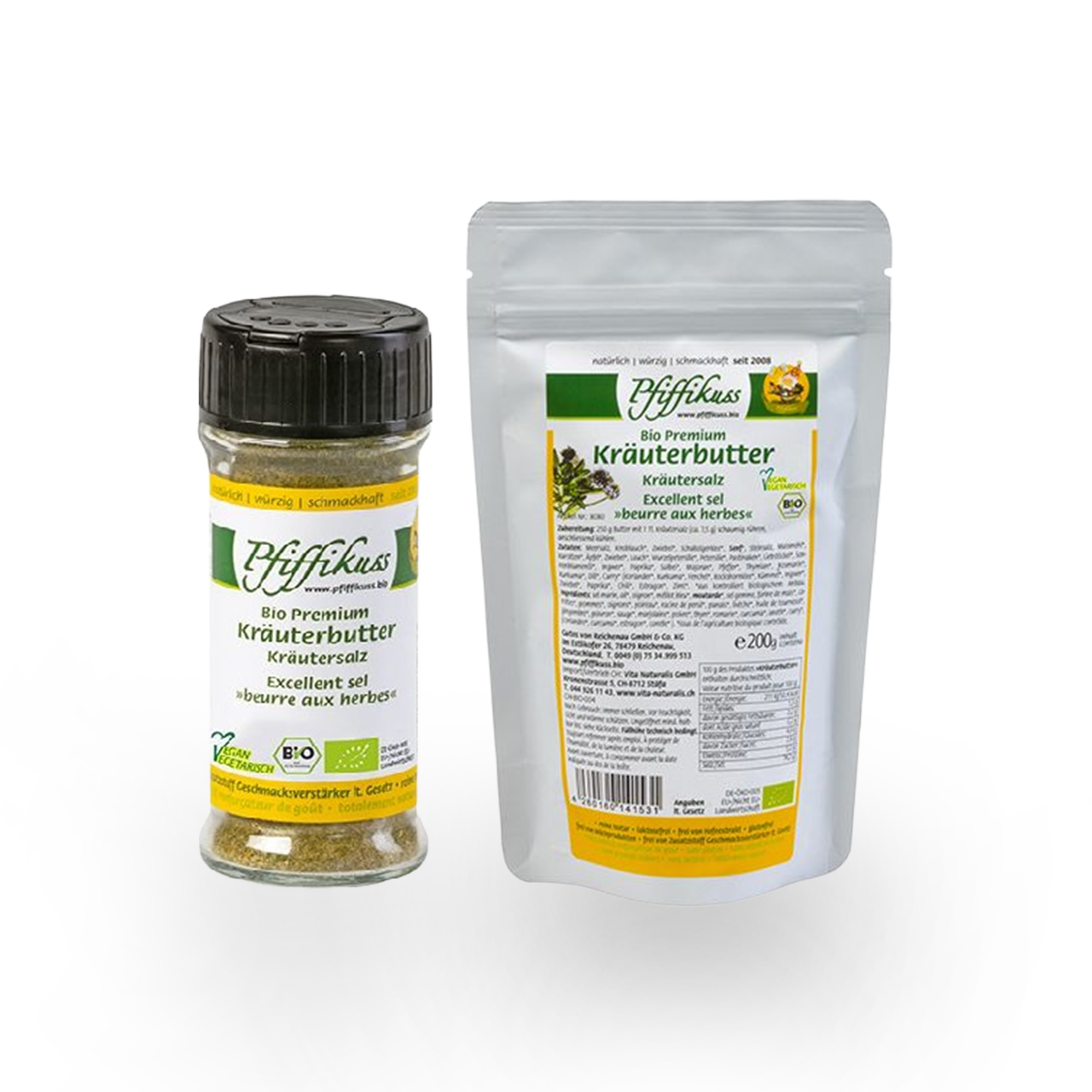 KOMBI Pfiffikuss BIO Kräuterbutter Gewürzsalz - Mix Streudose 75g +  Nachfüller 200 g