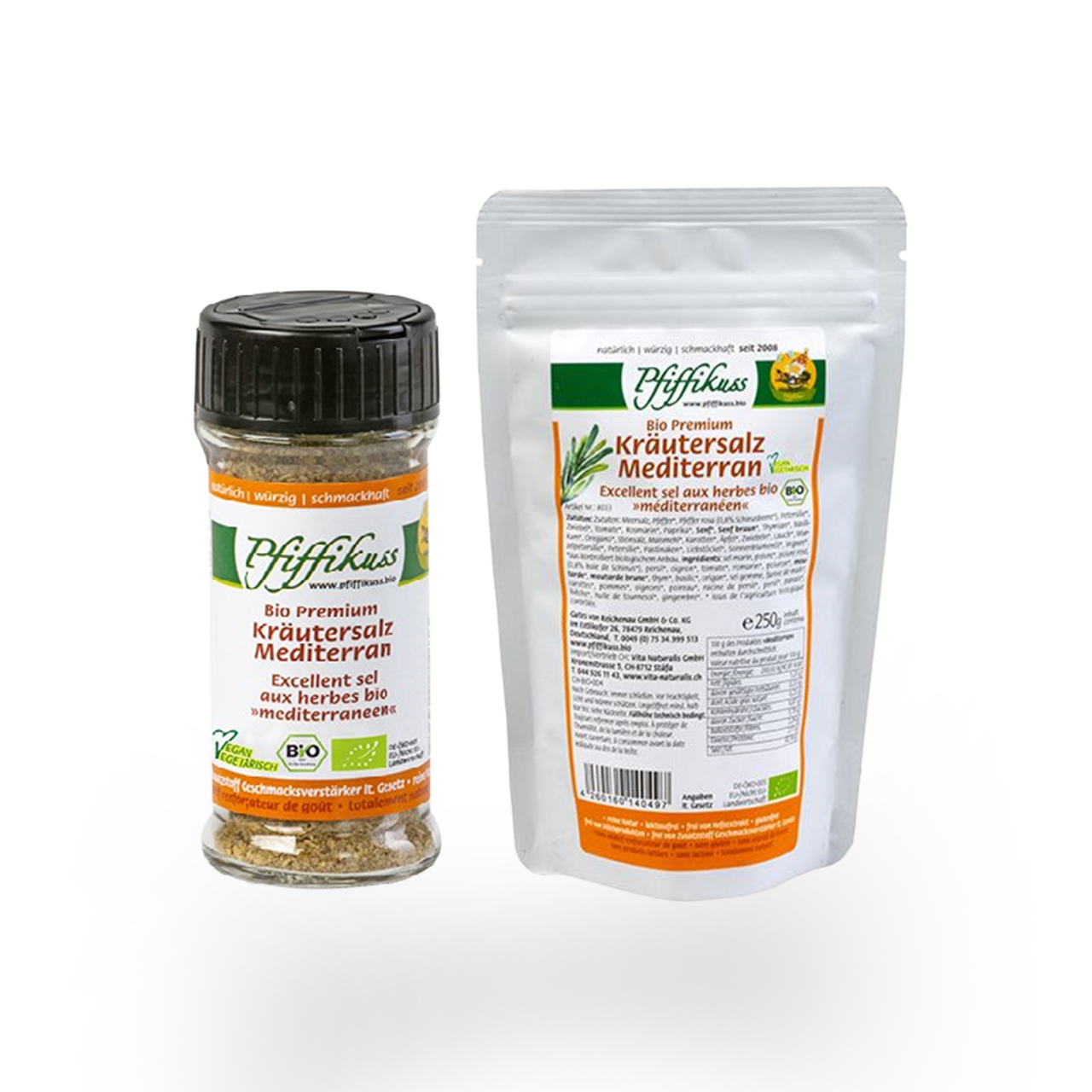 KOMBI Pfiffikuss BIO Kräutersalz mediterran Streuglas 75g + 250g Nachfüller
