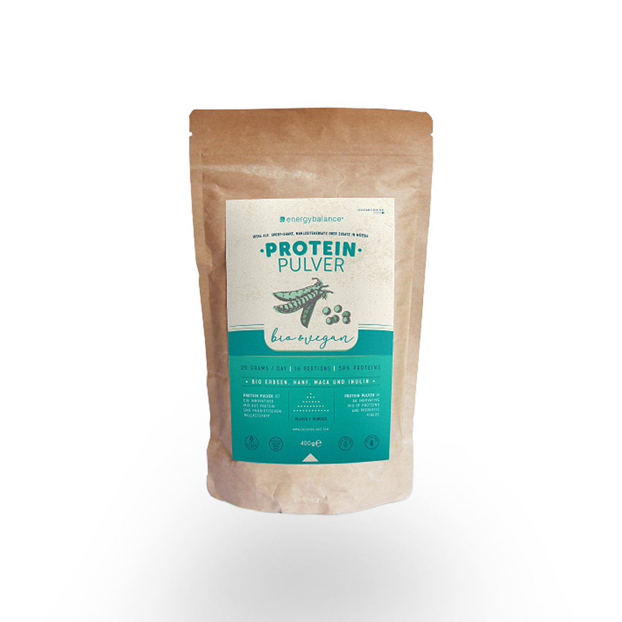 BIO Proteinpulver aus Erbsen, Hanfsamen und Maca. Mit Inulin. 400g